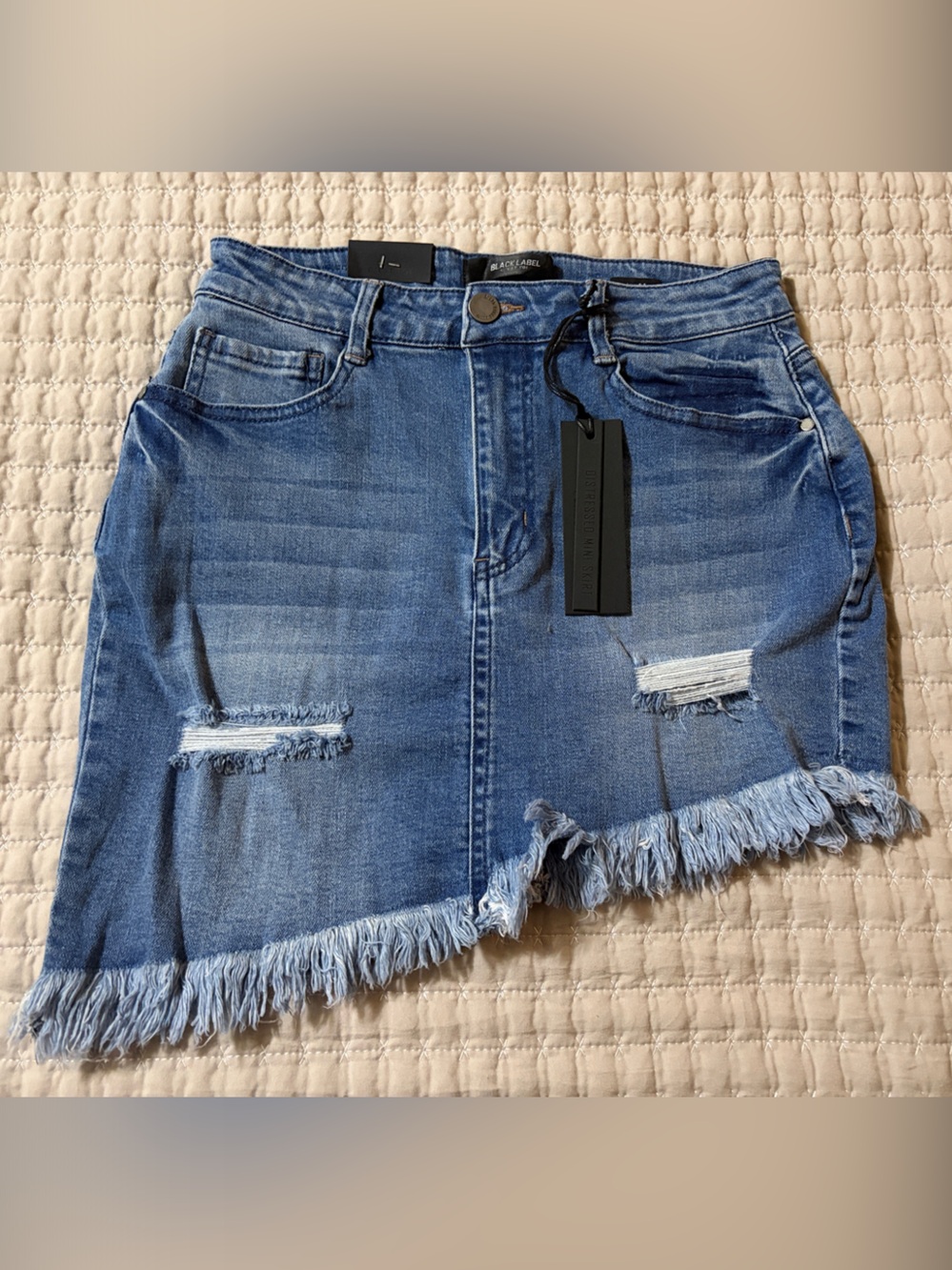 Black Label Frayed Hem Distressed Denim Shorts - Blue
